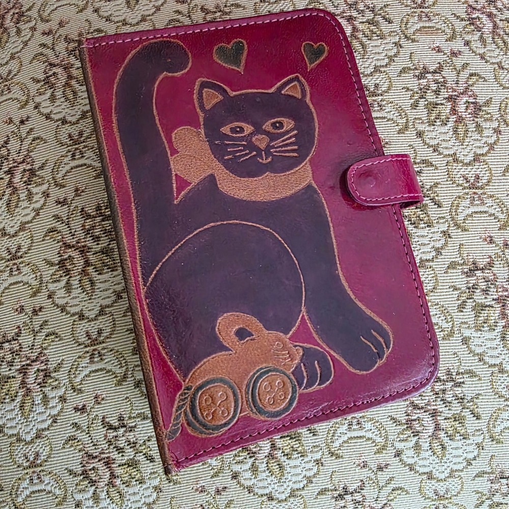 Vintage 1990s Tooled Leather Cat Planner Burgundy 6 Ring Organizer I Love Cats